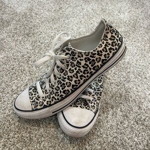 Converse Low Top Leopard Print Canvas Sneakers - White/Black/Tan